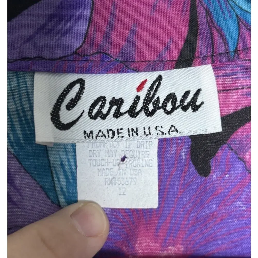 Y2K Caribou Button Up Hawaiian Womens Blue Purple Black Size 12 Cotton Blend